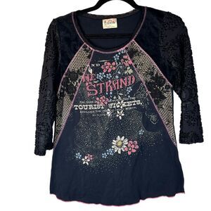 Edista Floral Lace Mixed Fabric Velvet Burnout Long Sleeve Graphic Blouse Large